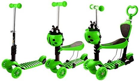 New 5 in 1 Kick Scooter With Flashing Wheels - Babies Toddlers Kids- 100% Money Back Guarantee (Green, Lady Bug Face Front Basket Design)