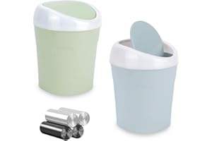 QLFJ-FurDec 2 Stücke Mini Mülleimer, Tischmülleimer mit Schwingdeckel mit 4 Rollen Müllsäcke, Kompaktes Design Mini Kosmetikeimer 10 * 12 * 17cm, Tischabfalleimer für den Waschtisch (Blau, Grün)