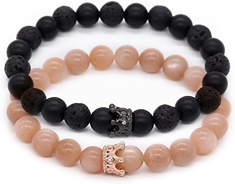 POSHFEEL Couple Black Matte Agate &amp; White Howlite CZ Crown Queen 8mm Beads Bracelet, 7.5" Red&amp;Black