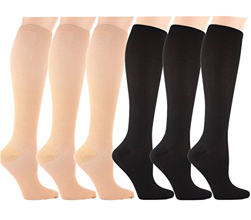 6 Pares Rodilla Alta Calcetines de Compresión - para Hombres y Mujeres (15-20mmHg) Diseño Cómodo Ideales para El Uso Diario, Correr, Embarazo, Vuelos y Viajes de (Negro, Beige, S/M)