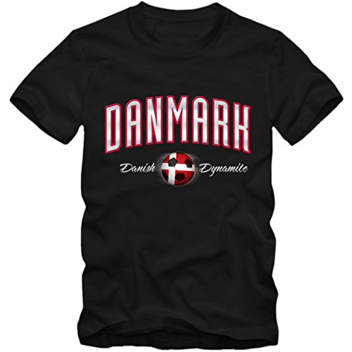 Kinder T-Shirt Danmark Denmark Dänemark Fußball Soccer Football EM WM Trikot DTG, Farbe:Schwarz;Größe:7-8 Jahre (122-128cm)