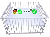 Zwillingslaufgitter 120x120cm Buche weiß lasiert mit sehr stabiler Höhenverstellung und feststelbaren gummierten Rollen