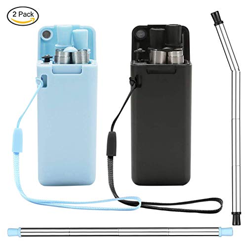 LATOW 2pcs Pajitas Reutilizable Plegables, Paja Plegable de Acero Inoxidable Reutilizable, Comida Grado Silicona Pajitas Plegables Portátiles con Cepillo de Limpieza y Estuche Rígido(Azul y Negro)