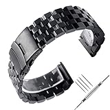 Uhrenarmband, 22 mm, massives Edelstahl, Schwarz, poliertes Metall, 2,2 cm