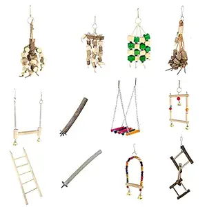 KSK 12 Packs of Bird Parrot Swing Chewing Toys-Natural Wood Bird Climbing Hanging Cage Toys Suitable for Small Parakeets, Cockatiels, Conures, Finches ,Budgie,Parrots, Love Birds.