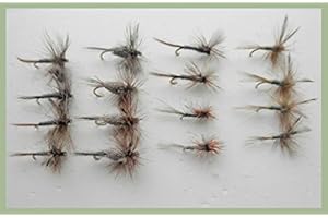 TROUTFLIESUK Troutflies UK Adams Dry Flies, 12 Pack, 4 Varieties, Mixed Sizes, Male, Female, Irresistible, Parachute, Fishing Flies