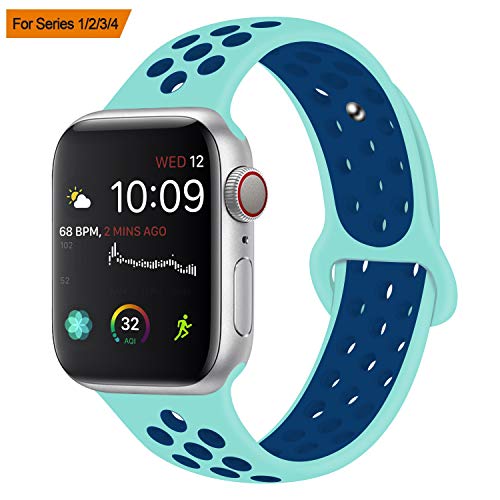 VODKER para Apple Watch Correa, Silicona Suave Reemplazo Sport Banda para 38mm 42mm iWatch Serie 3/ Serie 2/ Serie 1, Nike+, Sport, Edition - Verde Azul 38mm-M/L