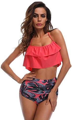 Quistal Women Swimsuit Hot Sale! Women's Sexy Strap Ruffles Bikini Set Retro Flounced High Waisted Swimsuit Bathing Suits Beachwear (Hot Pink, XL)