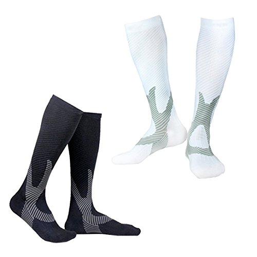 LJ Sport Chaussettes de compression pour homme et femme - récupération musculaire Améliore la circulation s'adapter pour la course à pied d'infirmière Vol Voyage, Noir+Blanc