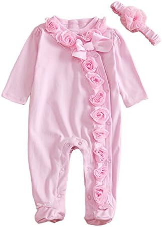 Akemiao Newborn Baby Girls Cotton Bodysuit Lace Flower Romper Front Buttons Jumpsuit