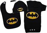 Bat Baby Bodysuit/Romper/vest/T-Shirt, Feeding Bib & Beanie Hat Set Batman Black 0- to 12 Months