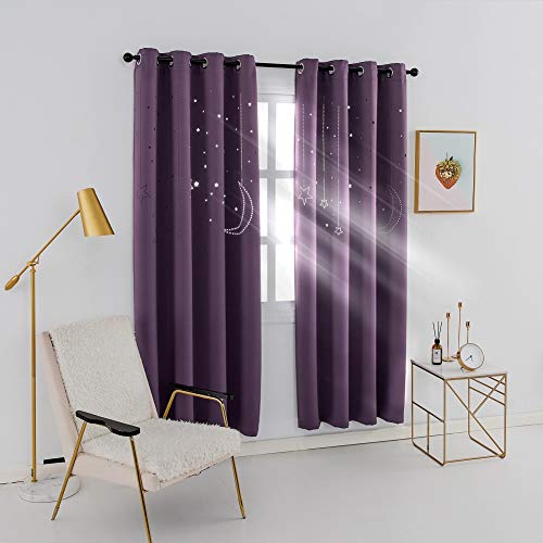 MANGATA CASA Kids Star Blackout Curtains Grommet Thermal 2 Panels for Bed Room,Cutout Galaxy Window Curtain Darkening Drapes for Nursery Living Room(Purple 52x84in)