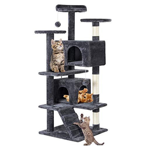 Yahee Arbre à Chat en Velours Grattoir Griffoir Centre d'Activité Niche Luxueuse Multi Niveaux Tronc pour aiguiser H 130cm (Gris)