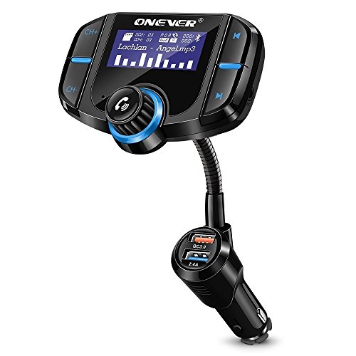 ONEVER BT70 Kit de Voiture Bluetooth Rotatif Transmetteur FM Modulateur de Lecteur MP3 avec Prise en Charge Double du Chargeur de Voiture USB pour Carte SIRI/TF/AUX in/Out avec voltmètre CC 12 / 24V