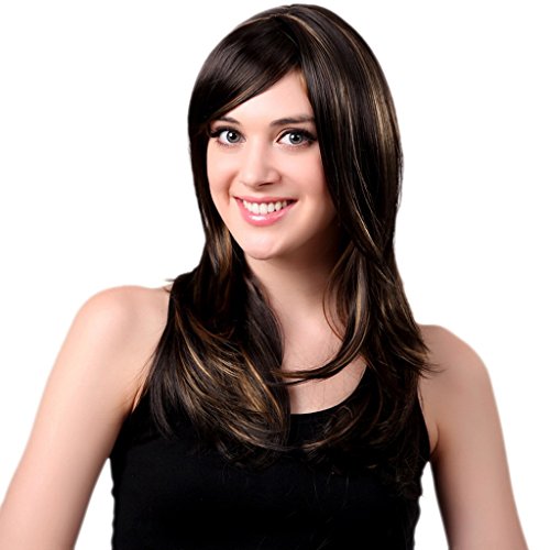 Bigood 65cm Natural Elegant Medium hairstyle Inclined bang Dark brown wig