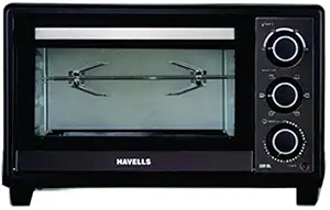 Havells OTG 28R BL - 28 Litre 1200 Watt With 60 min timer, Rotisserie, Inner Lamp, Toughened Double Glass Door, 6 Heating Modes, 4 Skewer rods, Enamelled coated Baking Tray & 2 year warranty (Black)