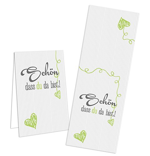10 Stück grün, weiß, grau gestreifte - Schön, dass Du da bist - Gastgeschenke Aufkleber mit Herzen für Feste wie Hochzeit, Geburtstag & Co. - moderner Look; mit Liebe aus eigener Herstellung