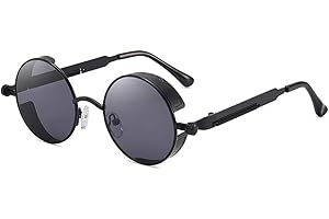 VJK Vintage Retro Steampunk Sonnenbrille Rund Kreis Polarisiert UV400 Metallrahmen für Männer Frauen Unisex, Schwarz , 135MM