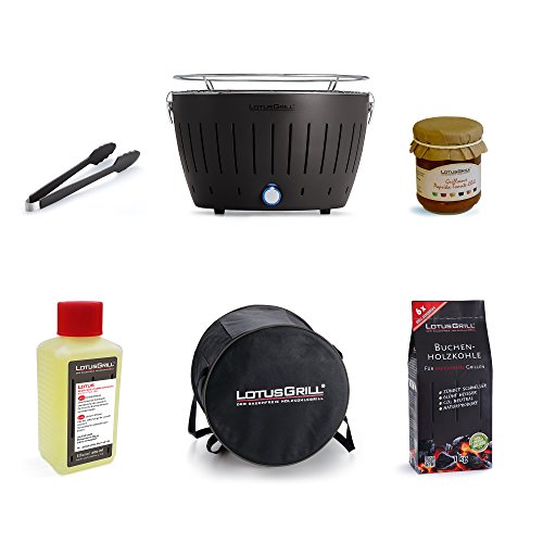 LotusGrill Starter-Set 1x LotusGrill Anthrazitgrau 1x Buchenholzkohle 1kg, 1x Brennpaste 200ml, 1x LotusGrill Grillzange Anthrazitgrau, 1x Transport-Tragetasche, 1 x LotusGrill Spezial Grillsauce Paprika-Tomate-Chilli - Der rauchfreie Holzkohlegrill / Tischgrill Ausschließlich neueste Technik! (Anthrazitgrau)