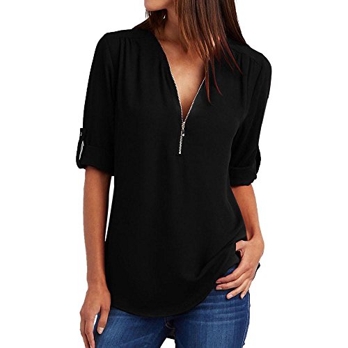 Preisvergleich Produktbild Damen Elegante Frühling Solide Reißverschluss Oberteile Slim Hemd Bluse Casual Tops DOLDOA T-Shirt Mode Blusen Pullover Sweatshirt Geburtstags Geschenk für Frauen Mädchen Freundin (EU:38, Schwarz)