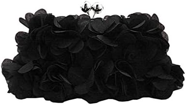 Petal Ornament Kissing Lock Evening Bag Purse Clutch Crossbady With Chain Women (Black)