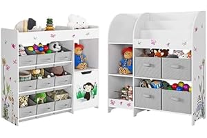 HOCSOK Regał na zabawki 2-częściowy, regał dziecięcy z 4 pudełkami do przechowywania, regał na książki dla dzieci z 9 szufladami z materiału, organizer na zabawki do pokoju dziecięcego, sypialni