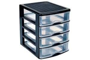 CABLEPELADO Torre de Almacenamiento con 4 cajones, Cajonera de plástico, Torre de almacenaje, Organizador de escritorio, 23 cm alto x 17.5 cm ancho x 21.5 cm fondo, Apto para escritorio, Negro