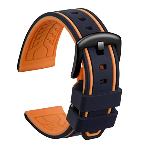 Ullchro Correa Reloj Recambios Correa Relojes Caucho Bicolor Hombre Mujer - 20, 22, 24, 26mm Silicona Correa Reloj con Hebilla de Acero Inoxidable Cepillado Negro (20mm, Negro y Naranja)