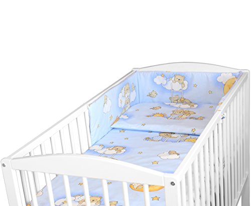 5 PCS 120x60 140x70 cm BABY BEDDING SET QUILT DUVET COVER PILLOW CASE BUMPER FOR COT STRAIGHT (To fit cot 120x60 cm, Teddy Ladder Blue)