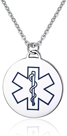LianDuo Stainless Steel Personalized Round Charm Tag Medical Alert ID Necklace Pendant with Chain,Free Engraving,Blue