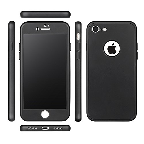 Funda iPhone 8 7 Mothca 360 Grados Cuerpo Completo Ultra-fina Soft TPU Protecci  n Anti-Ara  azos Case Acabado Mate Antideslizante y Anti Fingerprint Frente Atr  s Carcasa   Protector de Pantalla de Vidrio Templado Protecci  n Completa Cover for iPhone 7 8  Negro 