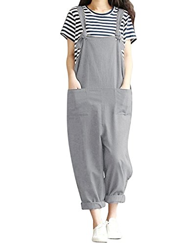 BBYES Women Summer Retro Overall Sleeveles Playsuit Jumpsuit Wide Leg Trousers Pants Gray XL