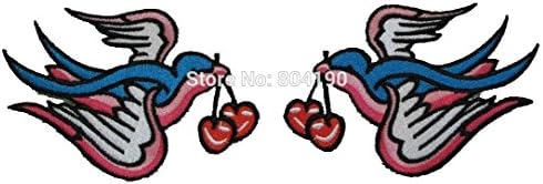 CoolPart Pink Blue Tattoo Swallows Pair &amp; Cherry Iron On Patch For Biker Vest Leather Jacket Back Heavy Metal Wholesale Perfect Patches
