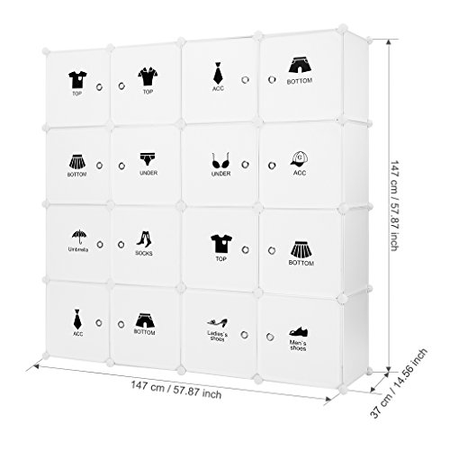 LANGRIA Armoire avec Penderie Modulable 16 Cubes avec Tige a Vêtements, Autocollants Divers pour Décor, Meuble Rangement (Blanc)