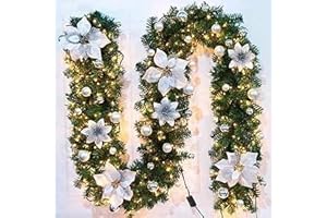 YKGUTILU Weihnachtsgirlande mit Beleuchtung - 2,7 m Girlande Weihnachten - Weihnachtsdekoration mit 30 warmen LED-Lichtern für Treppen, Kamine, Türen, Dekoration, Weihnachtshochzeitsfeier (Silber)