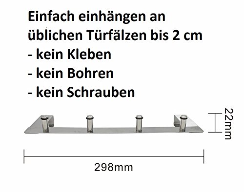 Türhakenleiste Türhängeleiste für Türen bis ca. 20 mm Falzstärke Edelstahl 30 x 10 cm Silber 4 Haken bis Max 8 kg belastbar (1stk) - 4