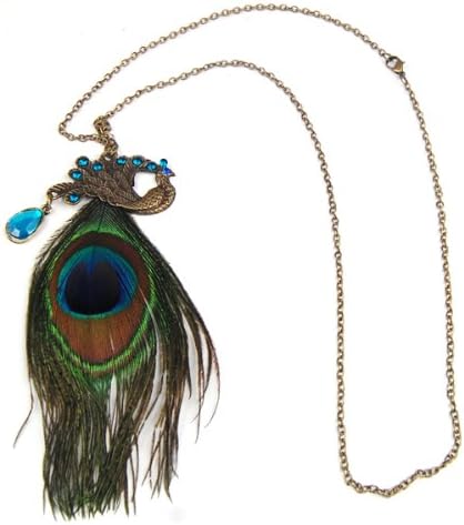 Smallwise Trading Fashion Retro Vintage Style Gorgeous Peacock Necklace with Blue Eyes and Long Feather