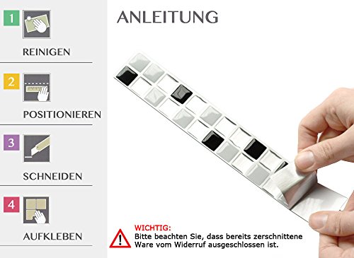 7 Stück 25,3 x 3,7 cm Wandora selbstklebende 3D Mosaik Fliesenaufkleber W1426 schwarz weiß silber - 6