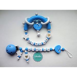 Set Schnullerkette und Greifling mit Namen Herz Kleines Wunder der Welt Gravur Geschenk Taufe Geburt individuell Stern | Junge Blau Namenskette