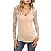 Produktbild Damen Kleidung Hffan Frauen Chic Mode Langarm Bluse Spitze Chic Hemd V-Ausschnitt Shirt Frauen Elegant Oberteil SolideTops Stitching Sweatshirt Pullover Elegante Blumen Spitzenbluse (Khaki, S)