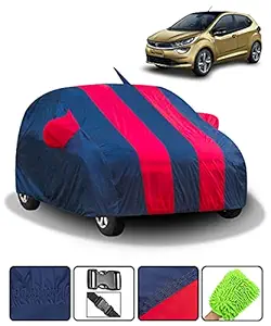 Fabtec Car Body Cover for Tata Altroz with Mirror and Antenna Pocket (Full Sized, Full Bottom Elastic, Red & Blue Stripe Design)