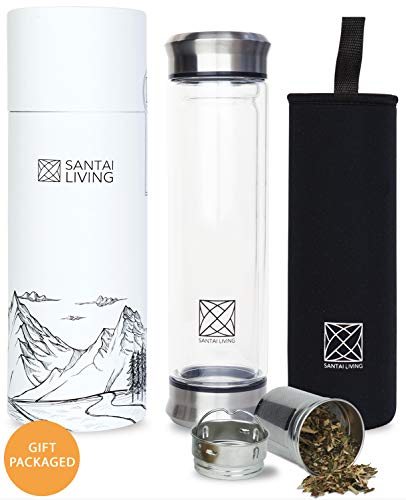 Santai Living Bouteille Infusion Isotherme pour Thé Café Fruit | Infuseur Théière Nomade en Verre Double Paroi avec Passoire Filtre INOX | Couvercle INOX et Housse Néoprene | Tasse Gourde Thermo