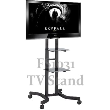 TS1031 1.5m Tall Exhibition Display Stand TV Trolley Floor Stand w/ Mounting Bracket for 40-55" LCD/Plasma TVs & Two Black Glass Shelves, Tilt up/down 5 / 10 °, Adjustable height: 127 to 153cm, Up to Vesa 800x400 mm
