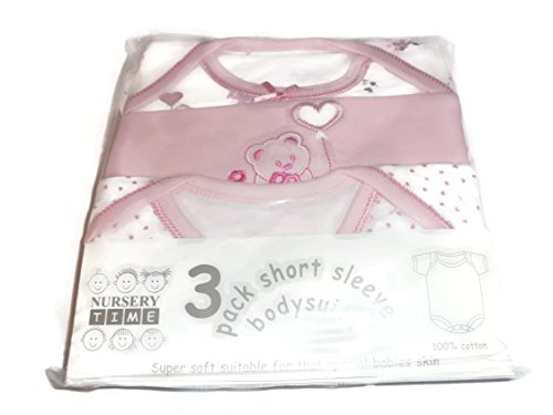 3 Pack Short Sleeves Env Neck Cotton Bodysuit Pink Motifs of Teddy & Hearts (18-24 Months)