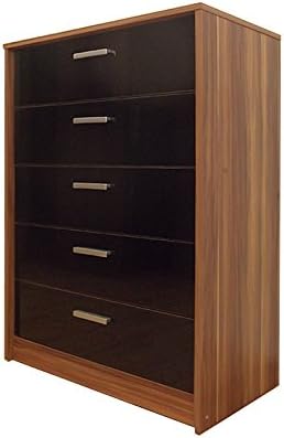 Direct Furniture "Khabat" 5-Drawer Chest, MDF/Chipboard, Black Gloss/Walnut