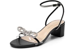 DREAM PAIRS Women's Heels Round Toe Rhinestone Double Bowknots Sparkly Block Heeled Sandals Shoes for Party Evening