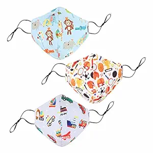 Chicco ComfyPro Face Mask, Effective Against 95% Particles, Soft & Breathable, Comfortable Nose Band, Adjustable & Reusable, Design- Jungle, Car, Sport, for Kids 3-6Y (Pack of 3), White, S