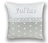 Amilian Kissen 40 x 40 cm mit Namen Datum Sternchen Grau