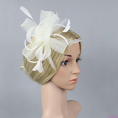 AJOG Women Fascinator Hair Clip Flower Feather Headwear Mesh Hairband Christmas Derby Wedding Cocktail Tea Party Pillbox Hat,Ricewhite