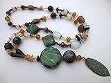  Edelsteinkette, Lange Kette, Halskette, Kette, Y-Kette, Chrysokoll, Opalit, Rauchquarz, Jaspis, Porzellan, Blatt, Anhänger, Unikat